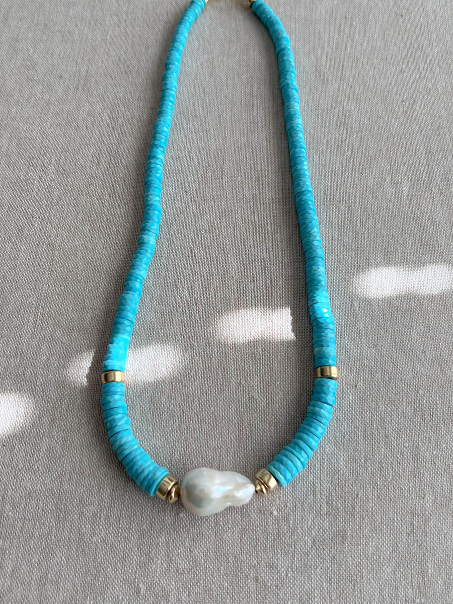 Sleeping Beauty Turquoise Heishi Necklace with Baroque Pearl Accent