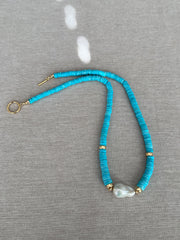Sleeping Beauty Turquoise Heishi Necklace with Baroque Pearl Accent