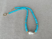 Sleeping Beauty Turquoise Heishi Necklace with Baroque Pearl Accent