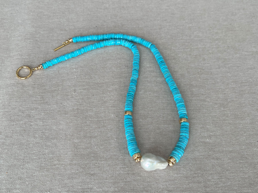 Sleeping Beauty Turquoise Heishi Necklace with Baroque Pearl Accent