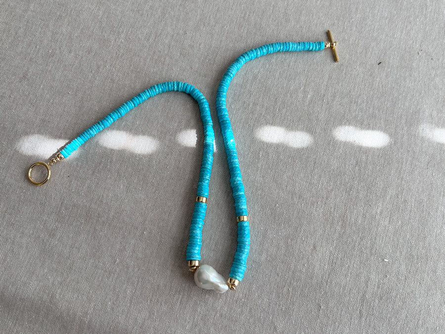 Sleeping Beauty Turquoise Heishi Necklace with Baroque Pearl Accent