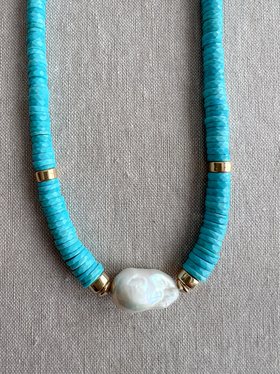 Sleeping Beauty Turquoise Heishi Necklace with Baroque Pearl Accent