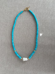 Sleeping Beauty Turquoise Heishi Necklace with Baroque Pearl Accent