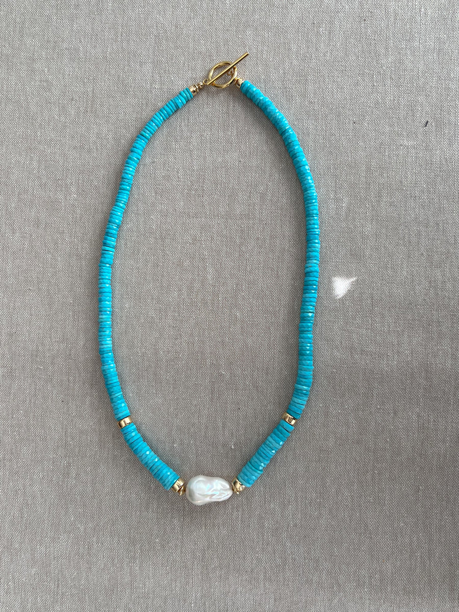 Sleeping Beauty Turquoise Heishi Necklace with Baroque Pearl Accent