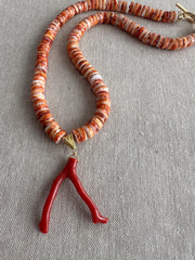 Spiny Oytster Shell Neclace with Italian Red Coral Pendant