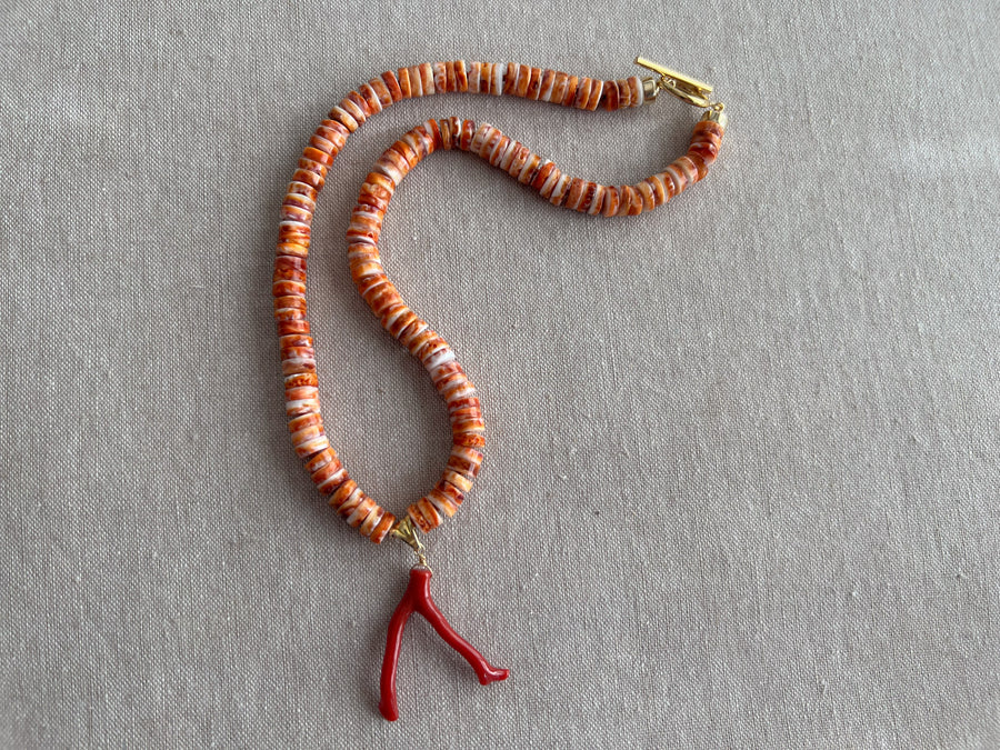 Spiny Oytster Shell Neclace with Italian Red Coral Pendant