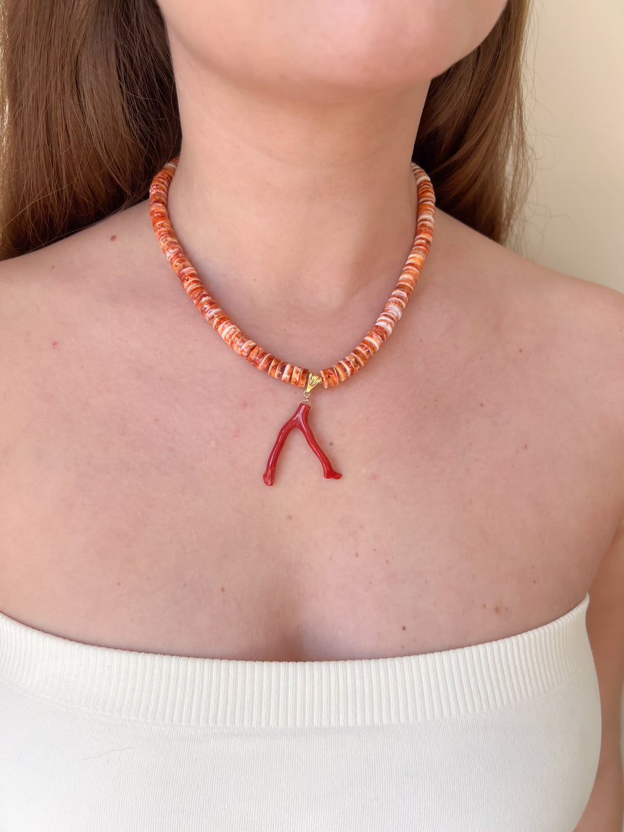 Spiny Oytster Shell Neclace with Italian Red Coral Pendant