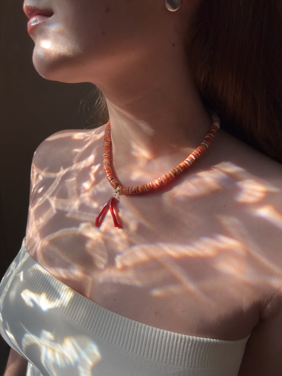 Spiny Oytster Shell Neclace with Italian Red Coral Pendant