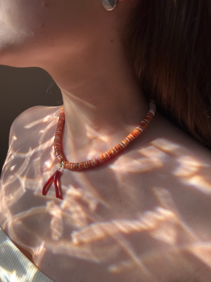 Spiny Oytster Shell Neclace with Italian Red Coral Pendant