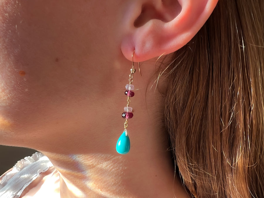 Turquoise and Rhodolite Dangle Earrings