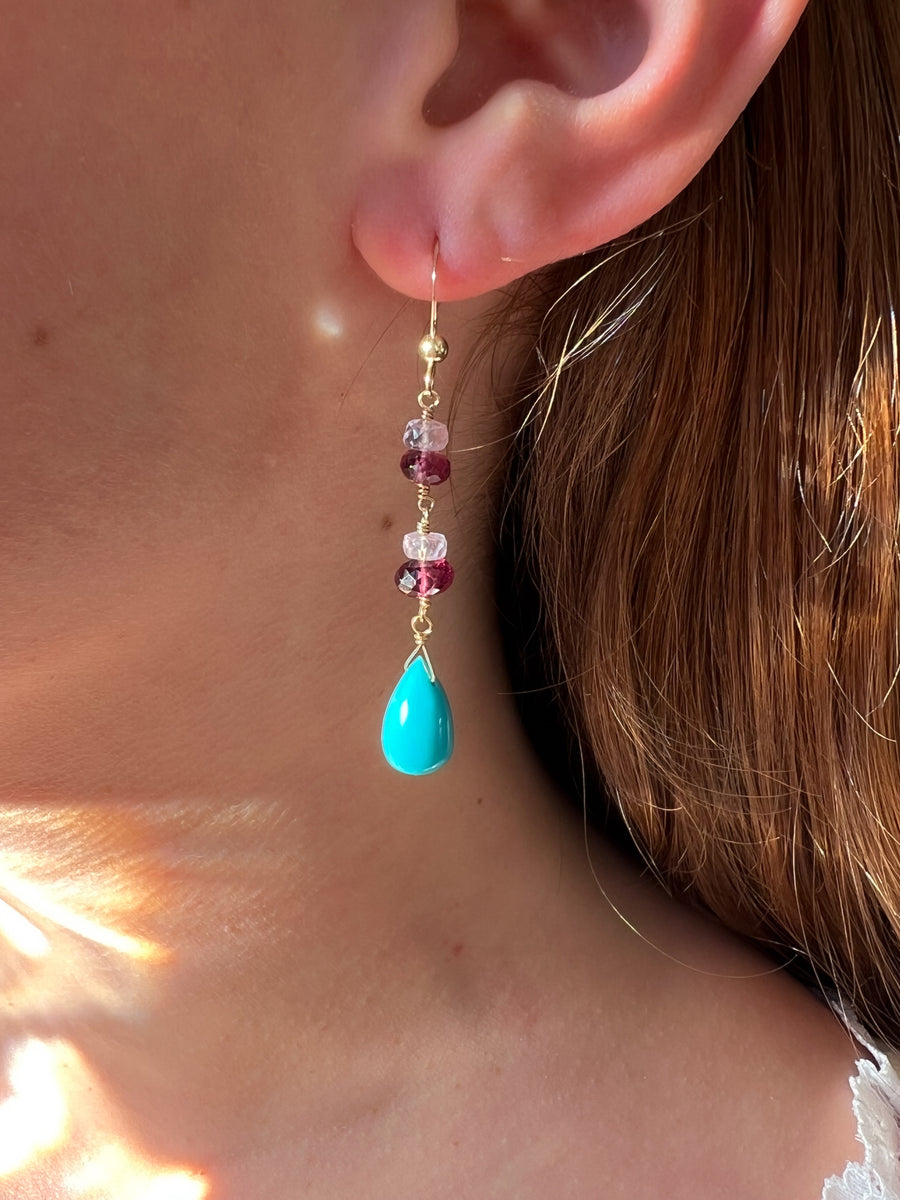Turquoise and Rhodolite Dangle Earrings