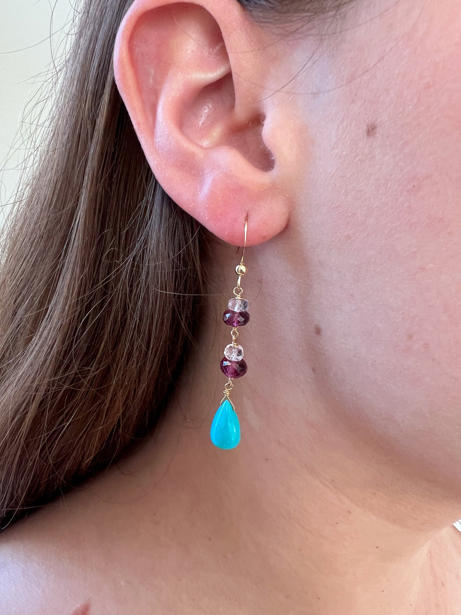 Turquoise and Rhodolite Dangle Earrings