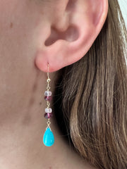 Turquoise and Rhodolite Dangle Earrings