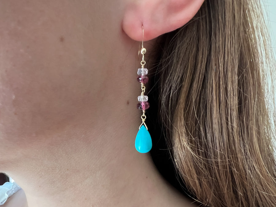 Turquoise and Rhodolite Dangle Earrings
