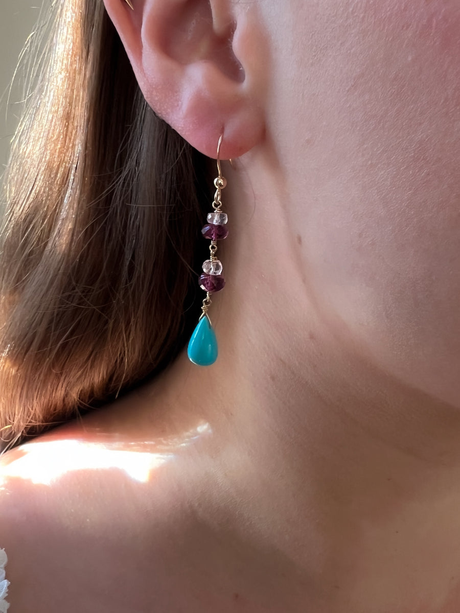 Turquoise and Rhodolite Dangle Earrings