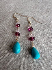 Turquoise and Rhodolite Dangle Earrings
