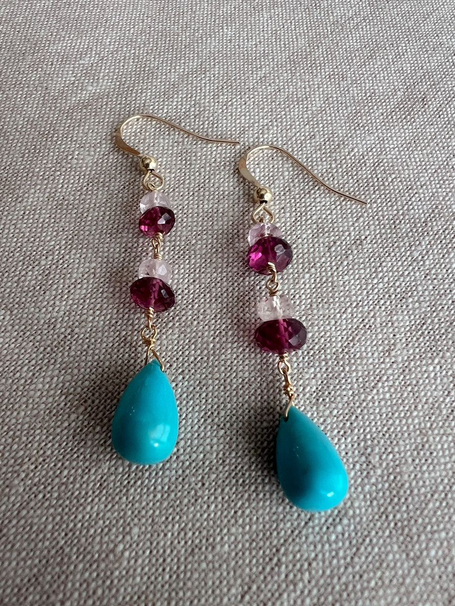 Turquoise and Rhodolite Dangle Earrings