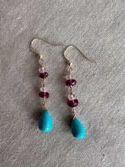 Turquoise and Rhodolite Dangle Earrings