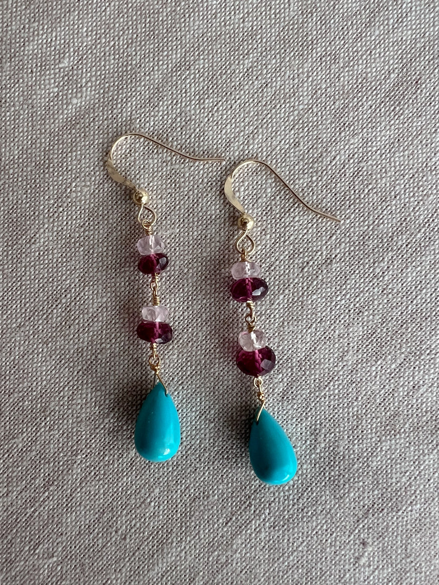 Turquoise and Rhodolite Dangle Earrings