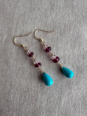 Turquoise and Rhodolite Dangle Earrings