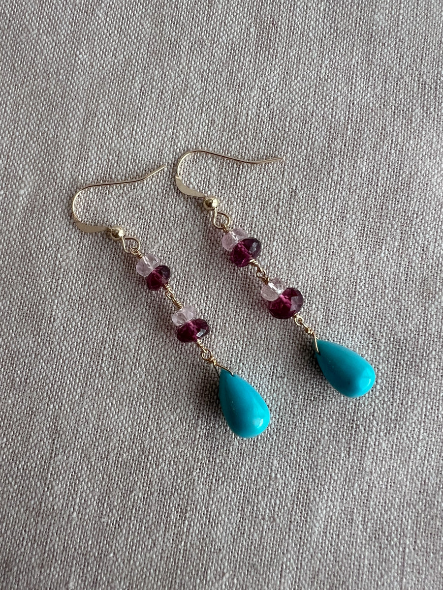 Turquoise and Rhodolite Dangle Earrings