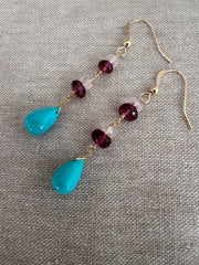 Turquoise and Rhodolite Dangle Earrings