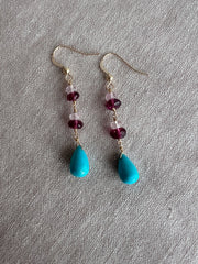 Turquoise and Rhodolite Dangle Earrings
