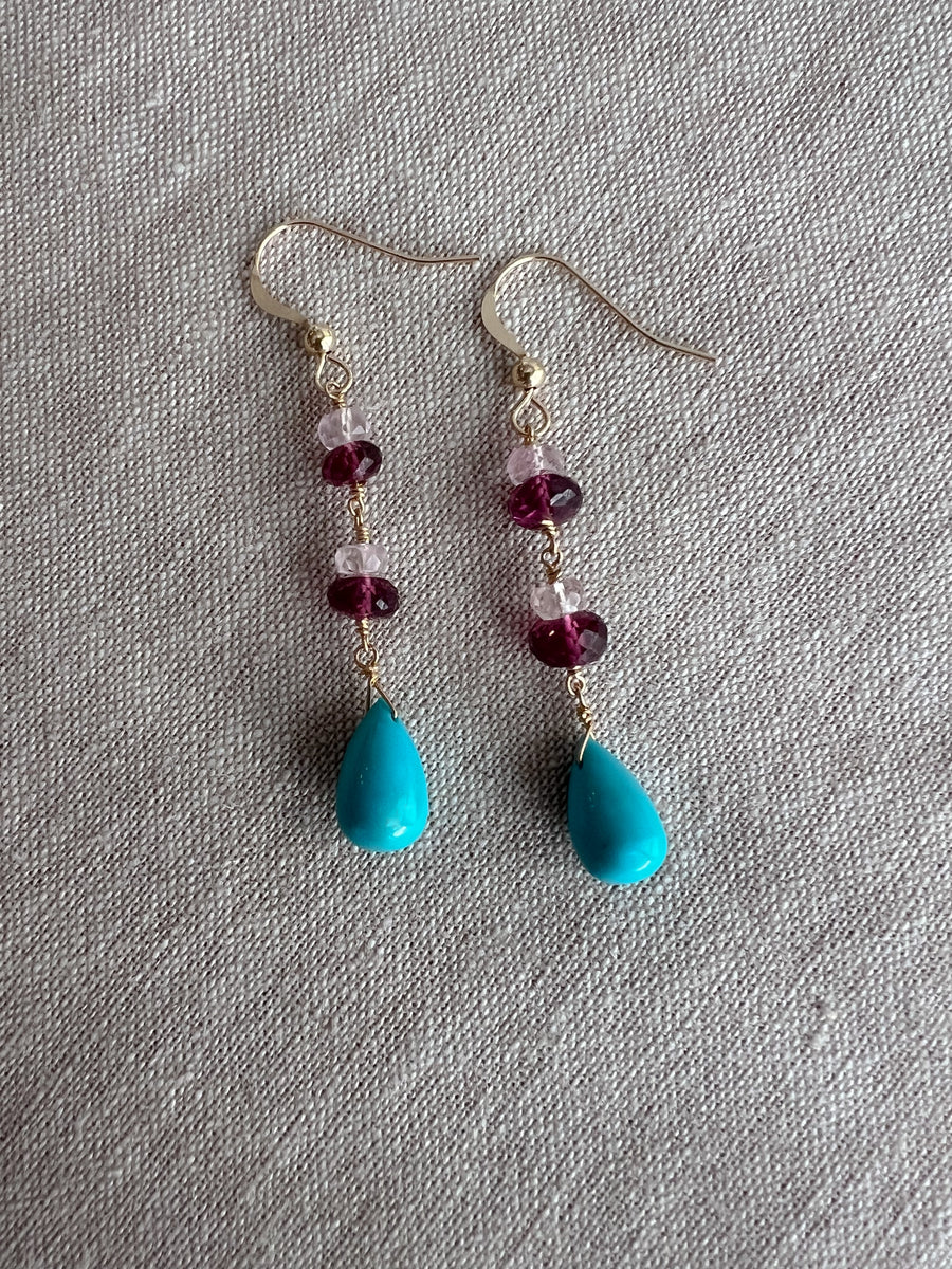 Turquoise and Rhodolite Dangle Earrings