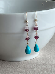 Turquoise and Rhodolite Dangle Earrings