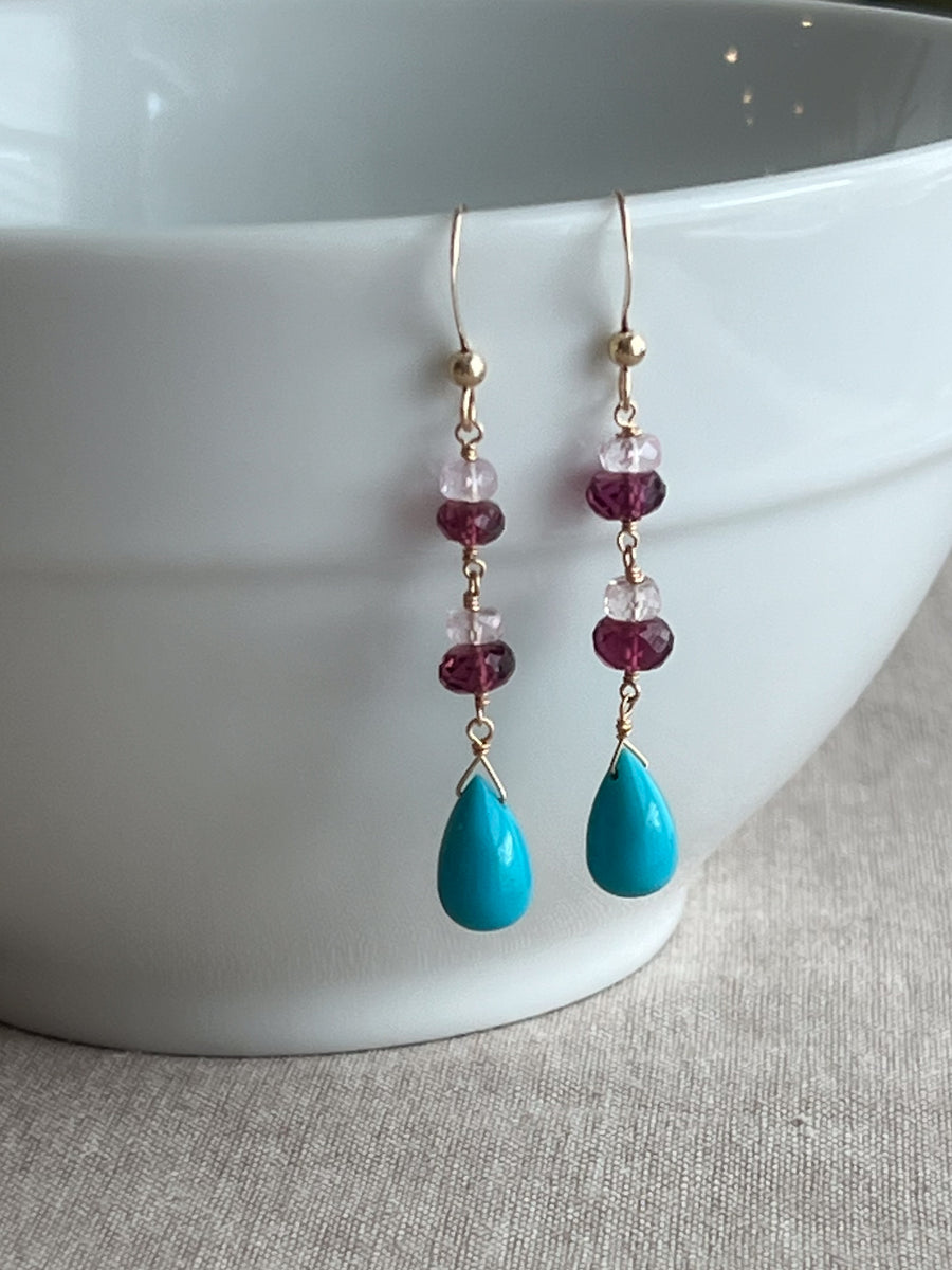 Turquoise and Rhodolite Dangle Earrings