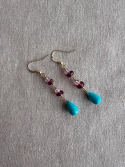 Turquoise and Rhodolite Dangle Earrings