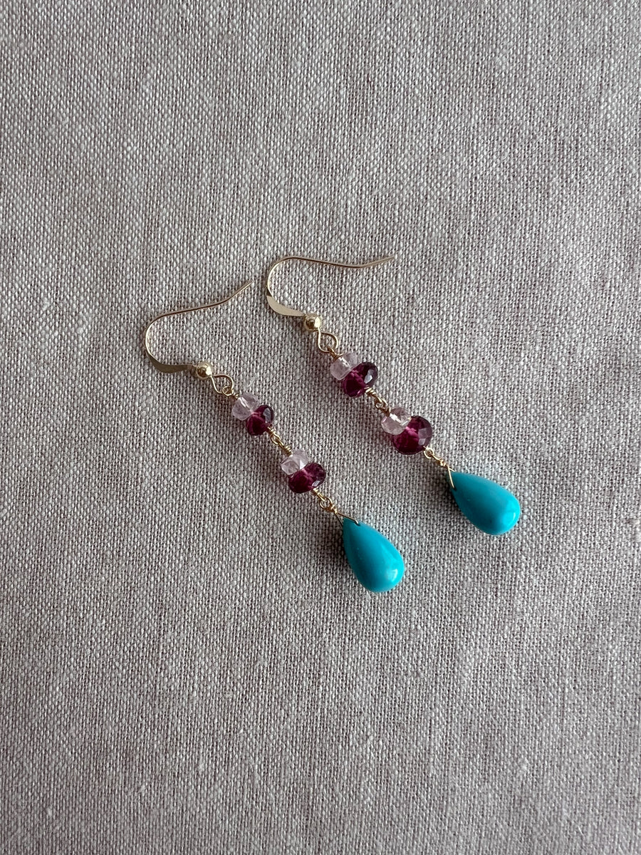 Turquoise and Rhodolite Dangle Earrings