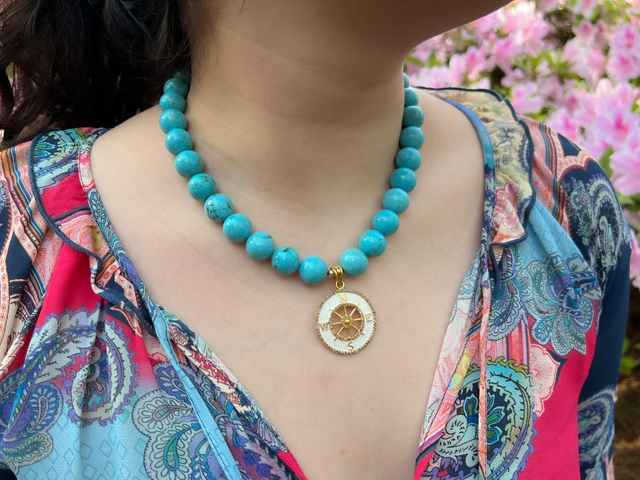Turquoise Choker Necklace with Compass Pendant