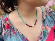 Turquoise Necklace with Garnets and Freshwater Pearl Accent