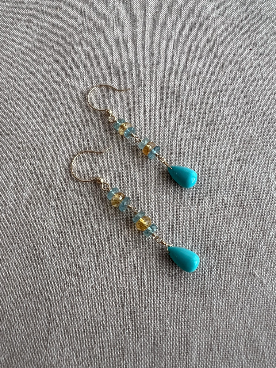 Turquoise Dangle Earrings with Aquamarines and Citrines