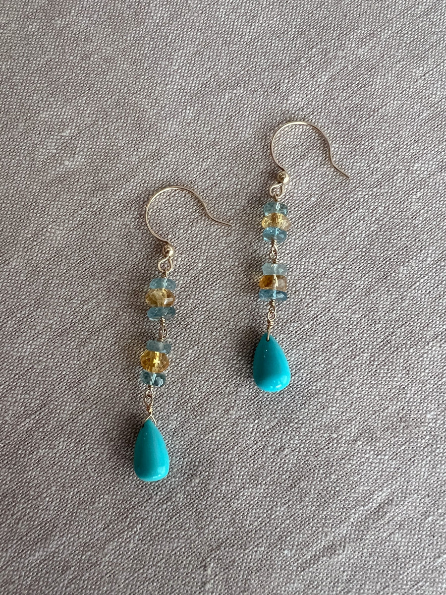 Turquoise Dangle Earrings with Aquamarines and Citrines