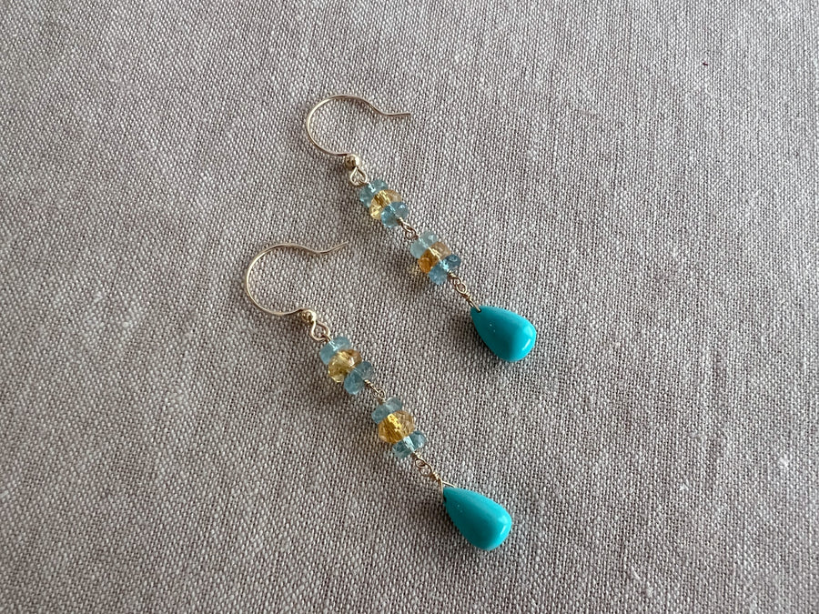Turquoise Dangle Earrings with Aquamarines and Citrines
