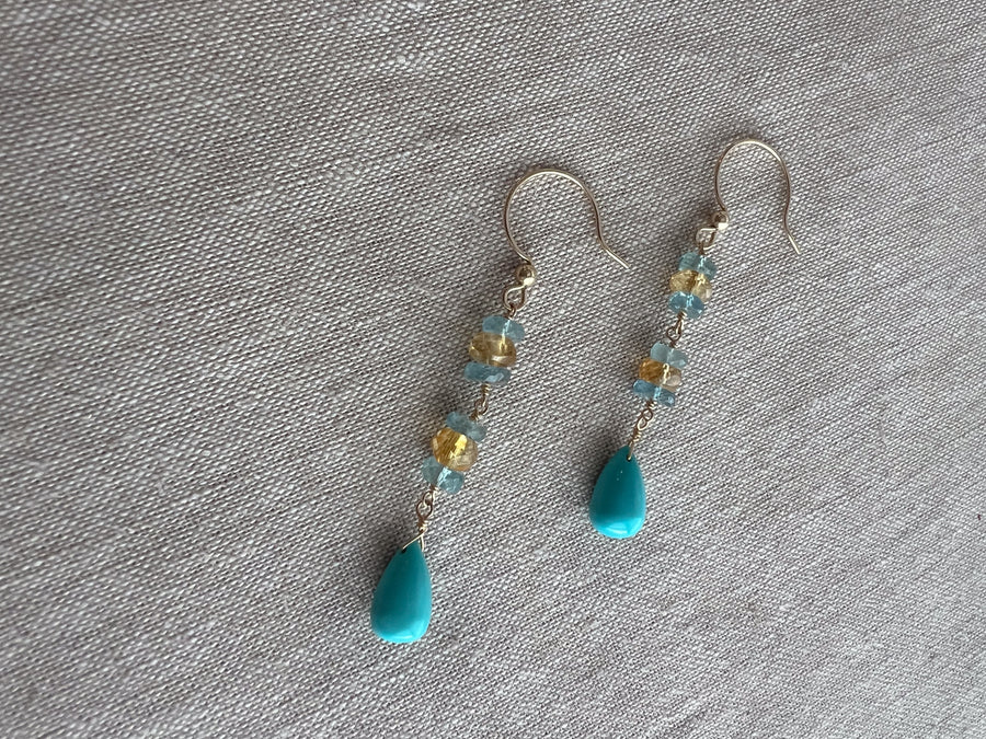 Turquoise Dangle Earrings with Aquamarines and Citrines