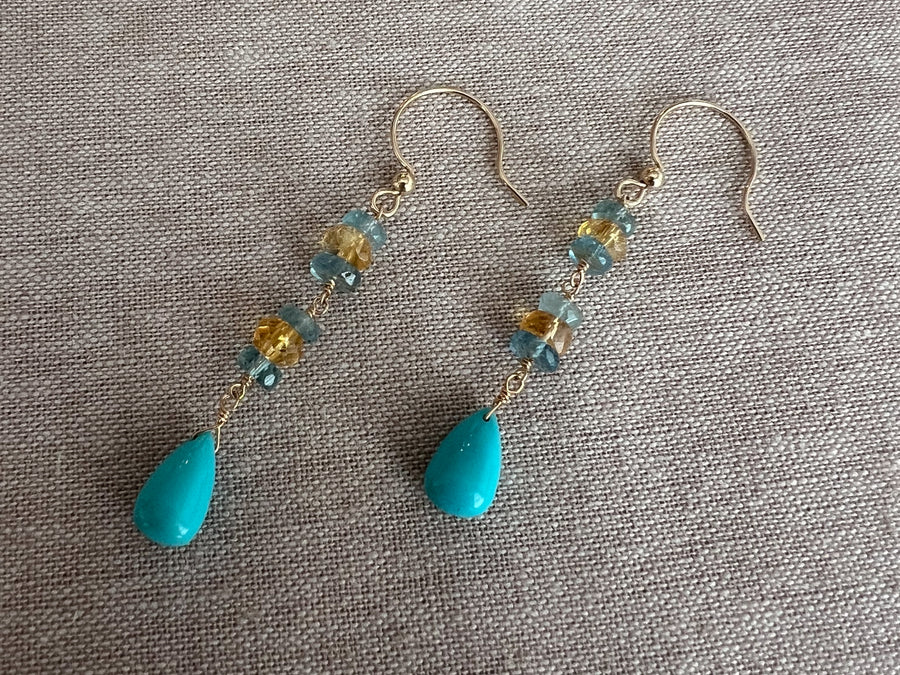 Turquoise Dangle Earrings with Aquamarines and Citrines