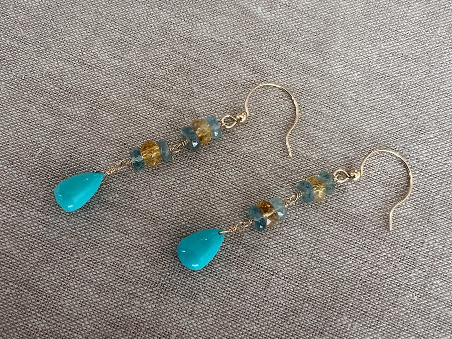 Turquoise Dangle Earrings with Aquamarines and Citrines