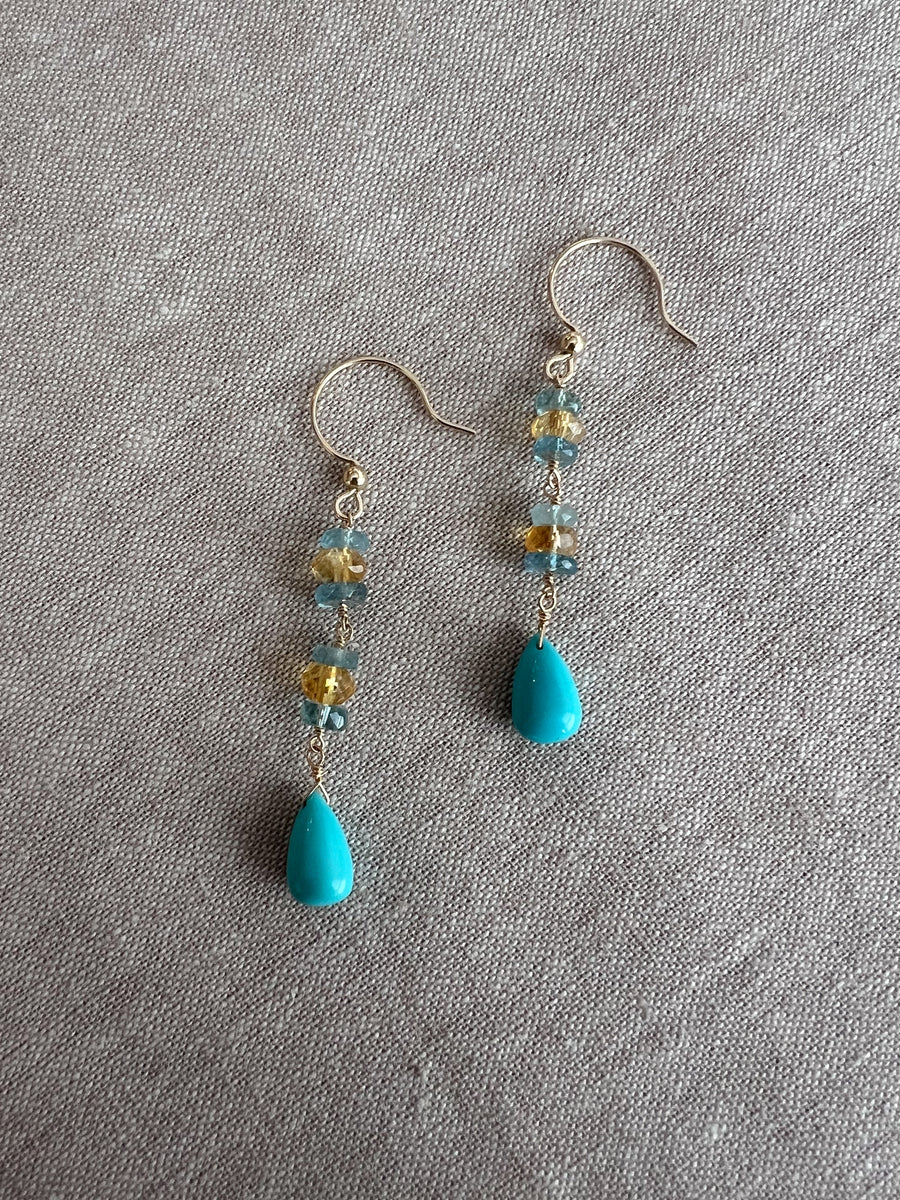 Turquoise Dangle Earrings with Aquamarines and Citrines
