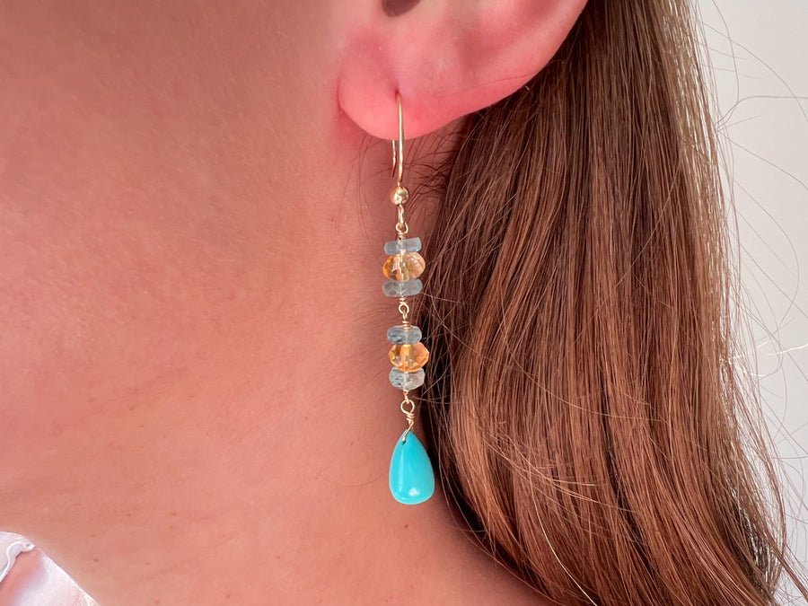 Turquoise Dangle Earrings with Aquamarines and Citrines