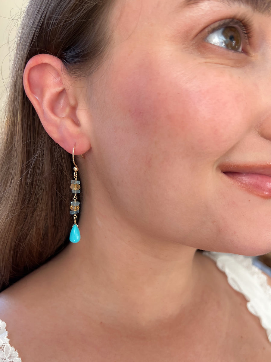 Turquoise Dangle Earrings with Aquamarines and Citrines