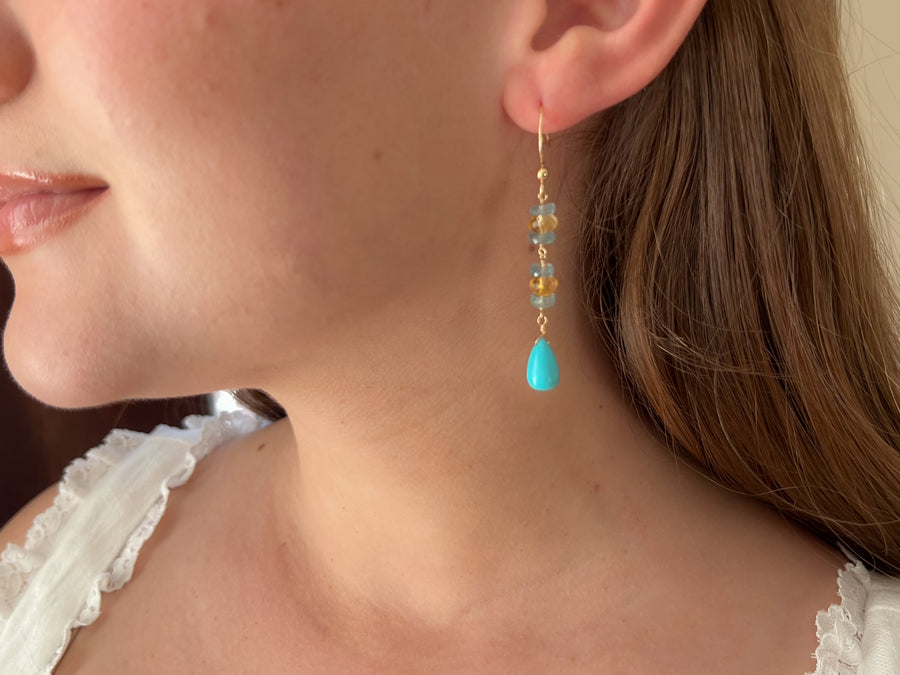 Turquoise Dangle Earrings with Aquamarines and Citrines