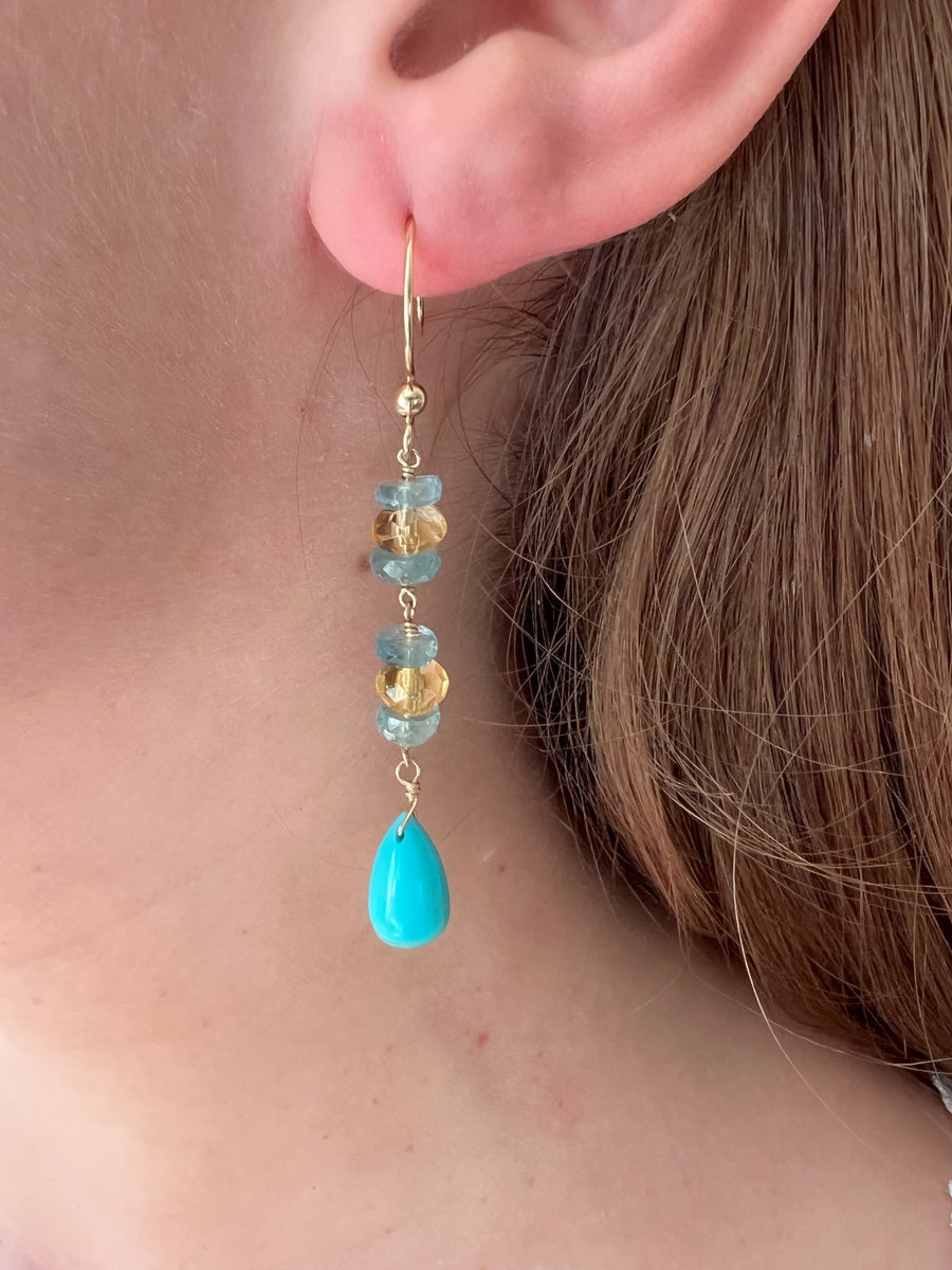 Turquoise Dangle Earrings with Aquamarines and Citrines