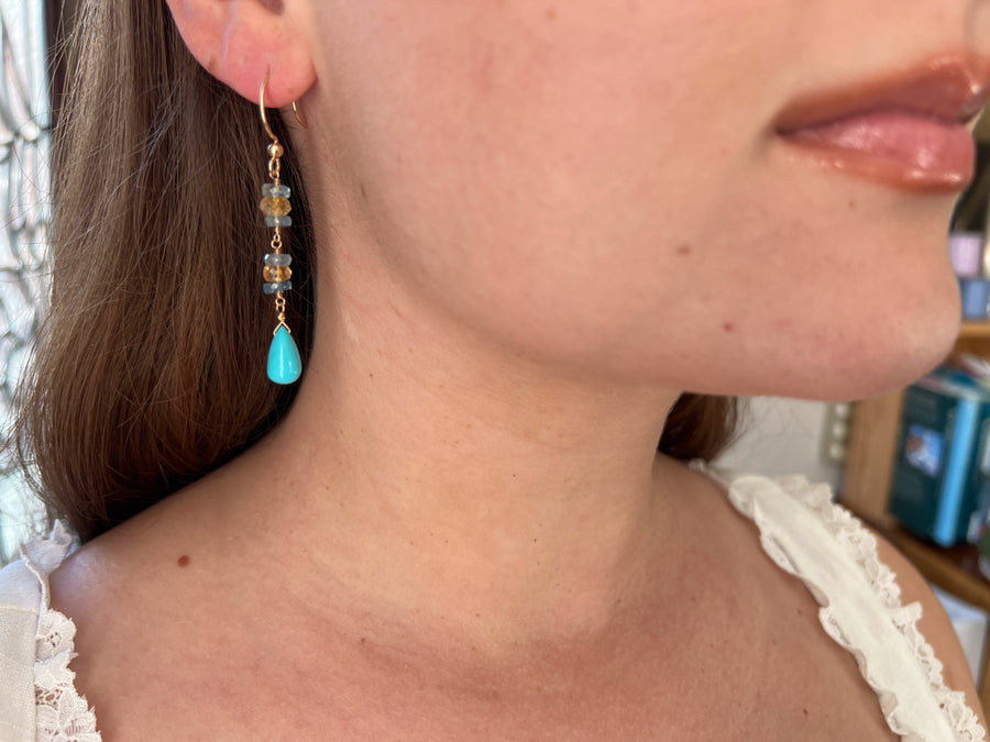 Turquoise Dangle Earrings with Aquamarines and Citrines