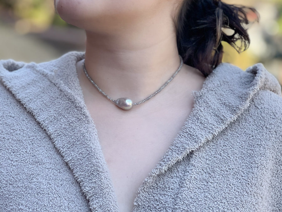 Labradorite Necklace with Baroque Pearl Accent, Gemstone Necklace, Gifts for Her, Mother's Day, Boho Style, Fall Jewelry,