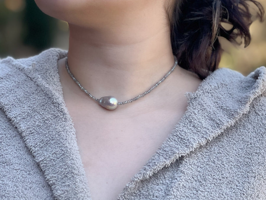 Labradorite Necklace with Baroque Pearl Accent, Gemstone Necklace, Gifts for Her, Mother's Day, Boho Style, Fall Jewelry,