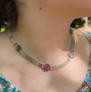 Fluorite Necklace with Carved Fluorite Flower Accents