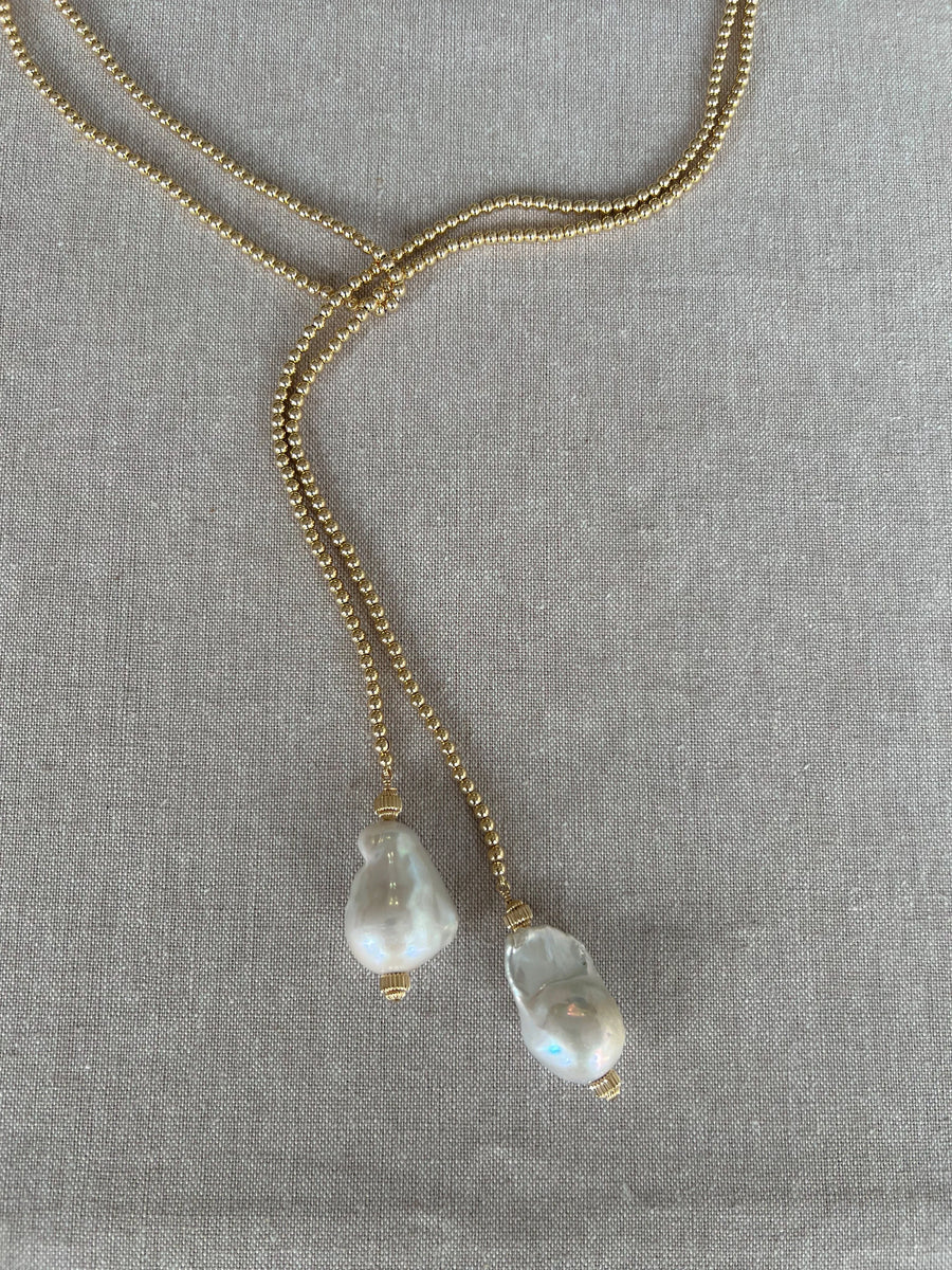 Gold Bead Lariat Necklace with Baroque Pearl Ends